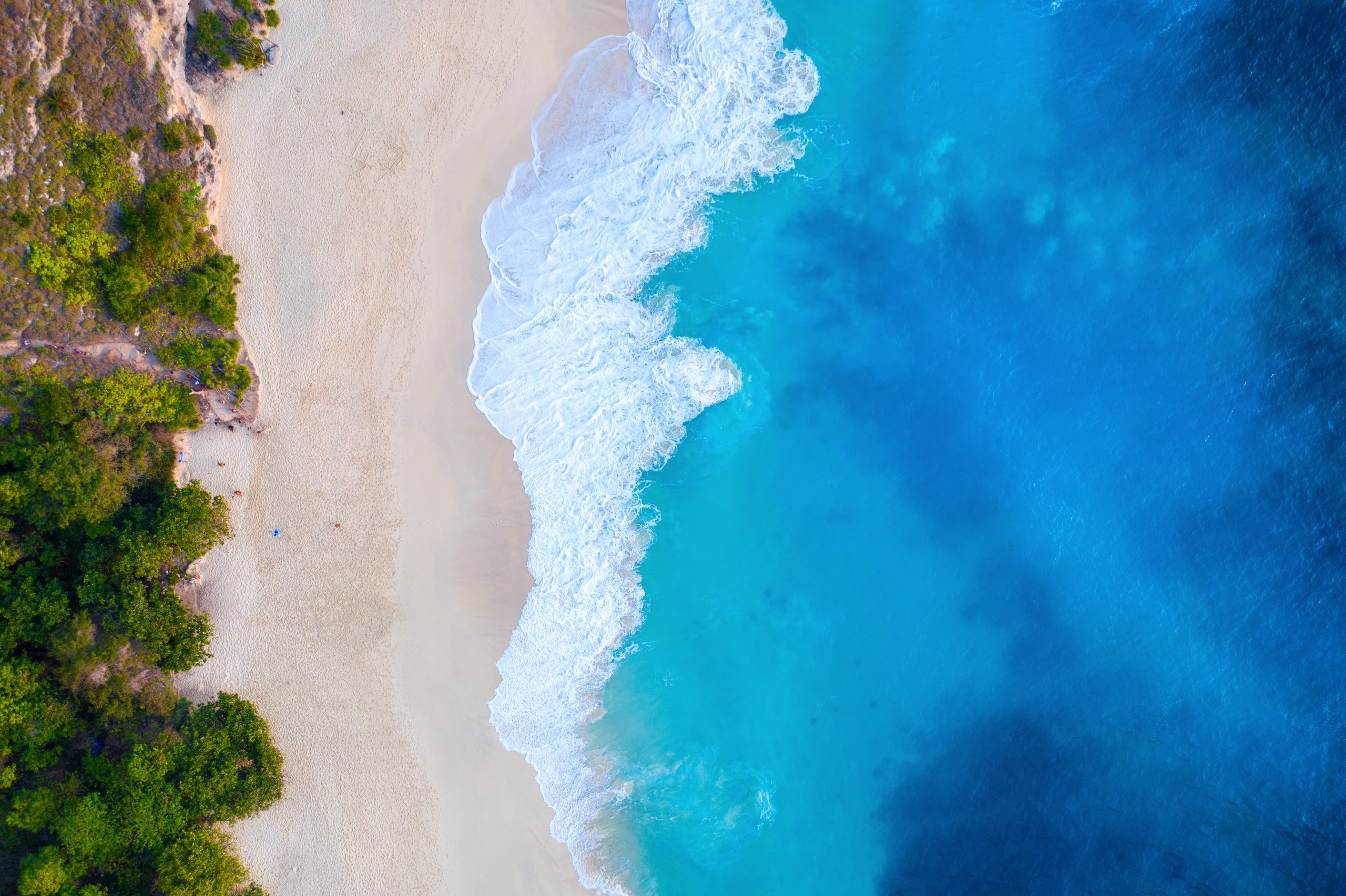 Aerial view of Kelingking Beach in Nusa Penida island, Bali in Indonesia.